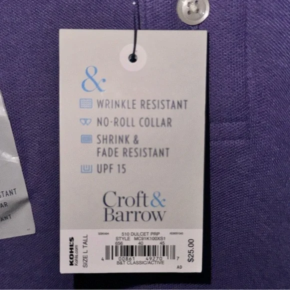 Croft & Barrow Mens LT Large Tall Purple Pique Polo Shirt NWT Easy Care Casual - Picture 6 of 11